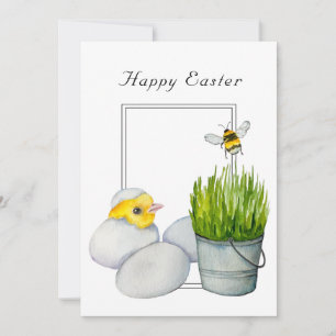 Invitación Feliz Pascua, pollito lindo y abeja