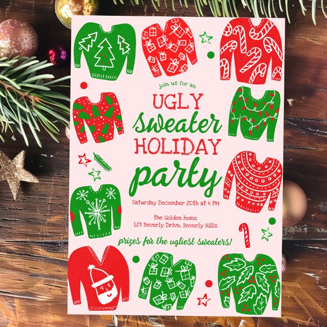 Invitación FELIZ Personalizado de fiesta navideña Navidades S (UGLY SWEATER Christmas Holiday Party Cute Custom Hand-drawn Invitation
)