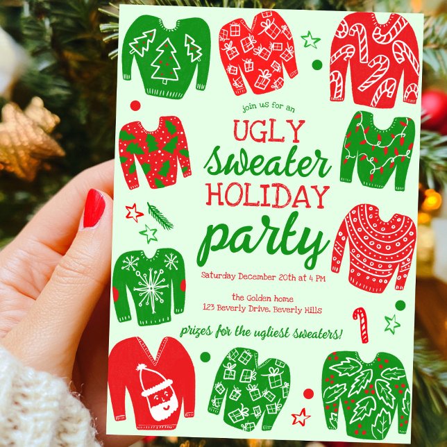 Invitación FELIZ Personalizado de fiesta navideña Navidades S (UGLY SWEATER Christmas Holiday Party Cute Custom Hand drawn Invitation
)