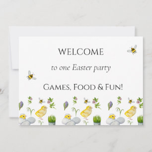 Invitación Feliz polluelo de Pascua y flores de primavera