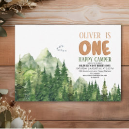 Invitación Feliz primer cumpleaños de Camper Green Watercolor