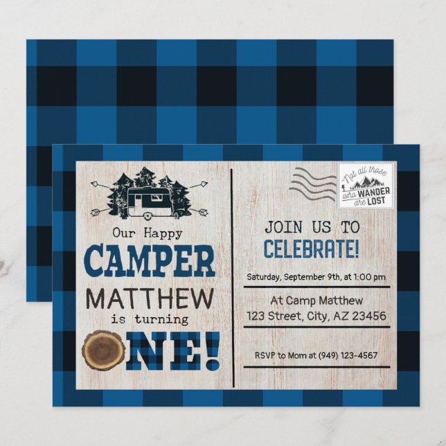 Invitación Feliz primer cumpleaños de Camper Lumberjack Flann (Anverso / Reverso)
