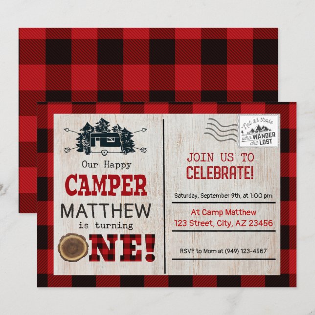 Invitación Feliz primer cumpleaños de Camper Lumberjack Flann (Anverso / Reverso)