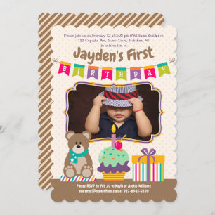 Invitación Feliz primer cumpleaños Teddybear Pastel de pan Fo