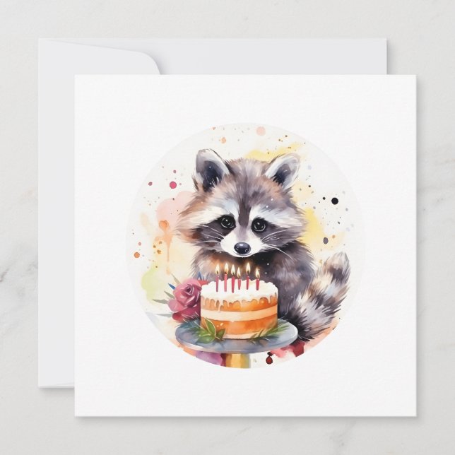 Invitación Feliz Raccoon con pastel de cumpleaños (Anverso)