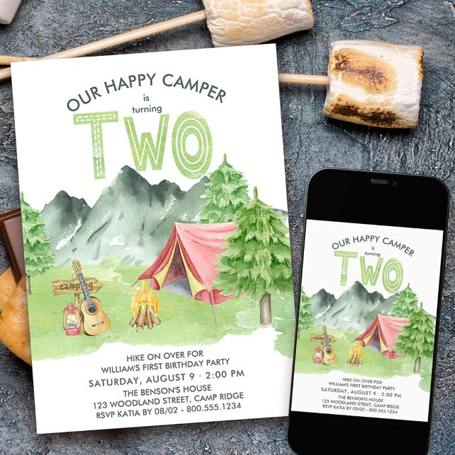 Invitación Feliz segundo cumpleaños de los chicos de color de (Camping themed 2nd birthday invitation for your happy camper)
