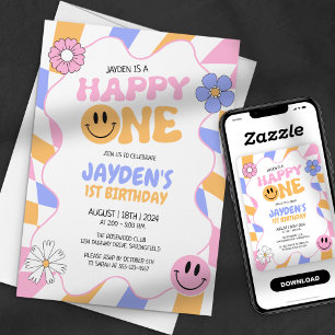 Invitación Feliz Uno Cumpleaños Retro Groovy Cara Sonriente Y