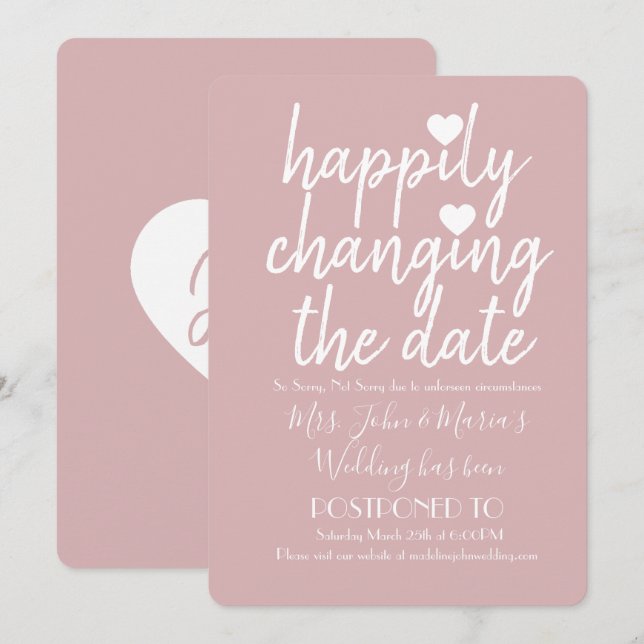 Invitación Felizmente cambiando la fecha Bodas Rosa sonrojado (Anverso / Reverso)