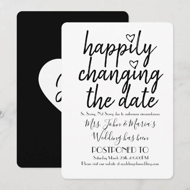 Invitación Felizmente cambiando la fecha de la boda negro y b (Anverso / Reverso)