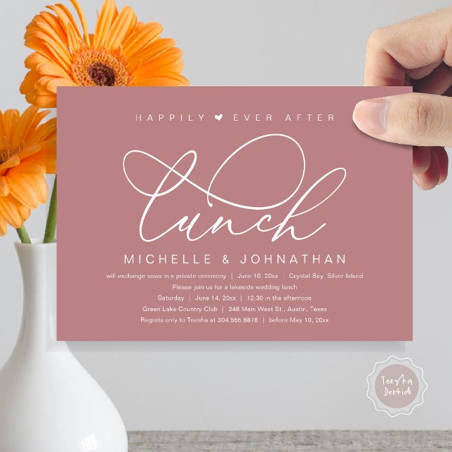 Invitación Felizmente Después del Almuerzo, Fiesta Romántica  (Happily Ever After Lunch Invitation Card, PDF, Wedding Elopement, Romantic Heart, Dusty Rose Pink)