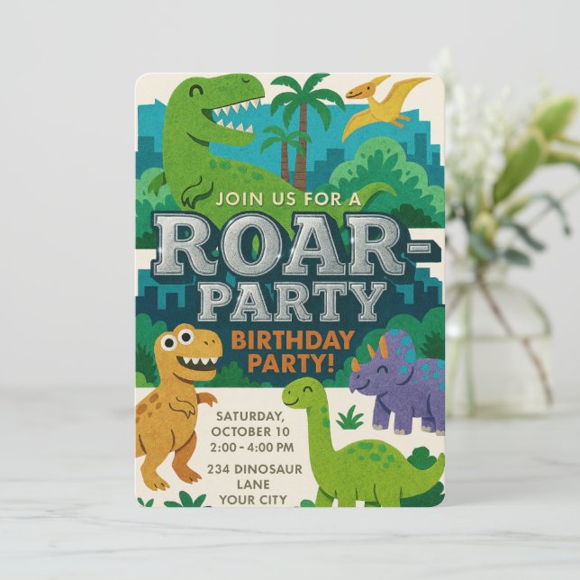 Invitación Felt Texture Jurassic Playground Dinosaur Cumpleañ (Anverso de pie)