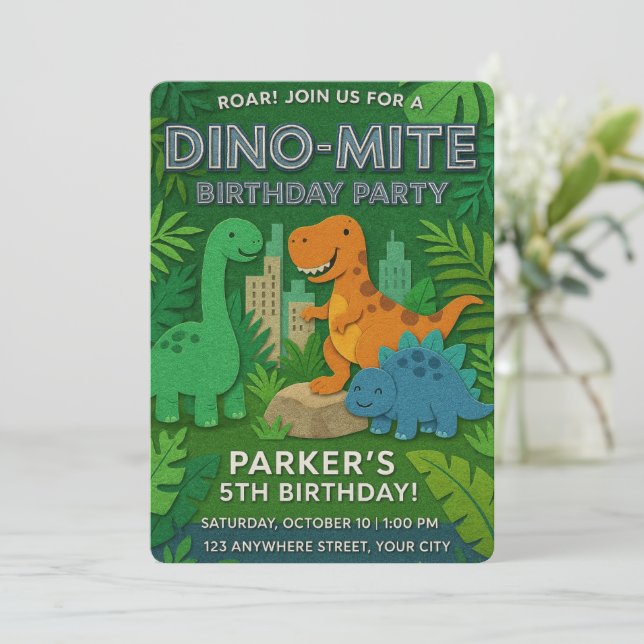 Invitación Felt Texture Jurassic Playground Dinosaur Cumpleañ (Anverso de pie)