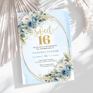 Invitación Femenina Floral Azul Polvo para Cumplea