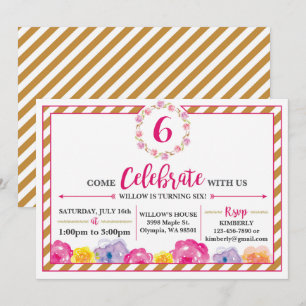 Invitación femenina rayada floral de la fiesta de