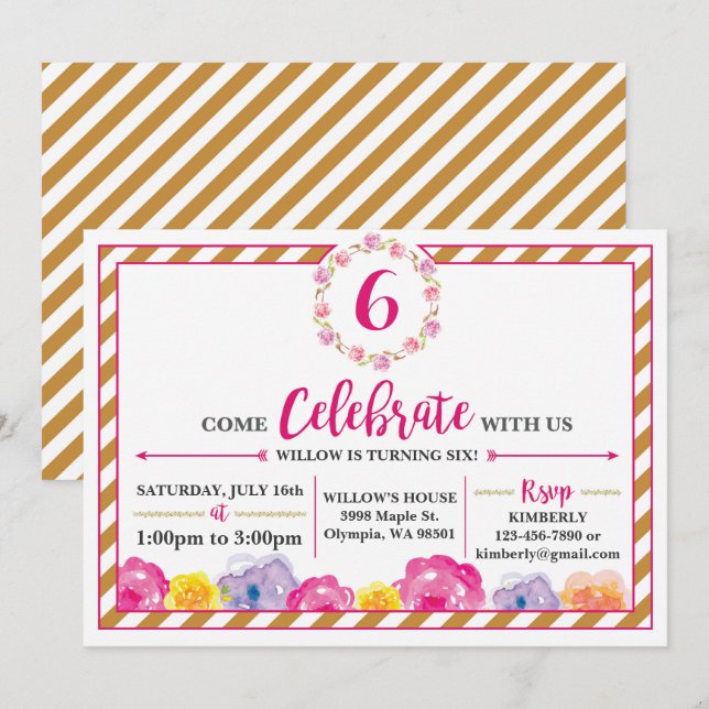 Invitación femenina rayada floral de la fiesta de (Anverso / Reverso)