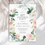 Invitación Femenina Rosa de Rubor Floral Fiesta de cumpleaños<br><div class="desc">Invitación femenina a la fiesta de cumpleaños número 60 enmarcada en una corona de rosas color rosa y blanco y vegetación. Las combinaciones de colores son femeninas y alegres para preparar a sus invitados a una feliz celebración. Personalice los detalles del evento reemplazando el texto de ejemplo que se muestra...</div>