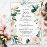 Invitación Femenina Rosa de Rubor Floral Fiesta de cumpleaños<br><div class="desc">Invitación a una fiesta de cumpleaños número 60 maravillosamente femenina enmarcada en una corona de rosas de color rosa y blanco y vegetación. Las combinaciones de colores son femeninas y alegres para preparar a sus invitados a una feliz celebración. Personalice los detalles del evento reemplazando el texto de ejemplo que...</div>