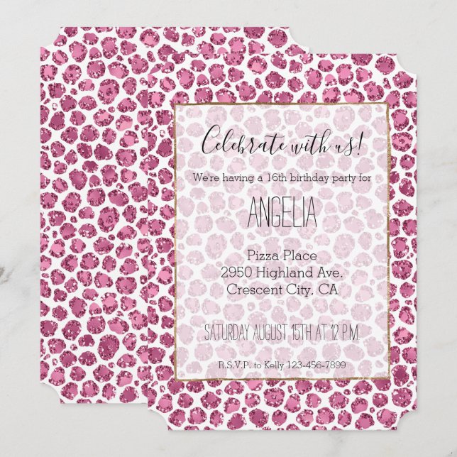 Invitación Femenino Rosa Blanco Glam Brillo Estampado Leopard (Anverso / Reverso)