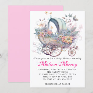 Invitación Femenino Rubor Rosa Floral Buggy Cochecito de Bebé
