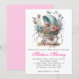 Invitación Femenino Rubor Rosa Floral Buggy Cochecito de Bebé