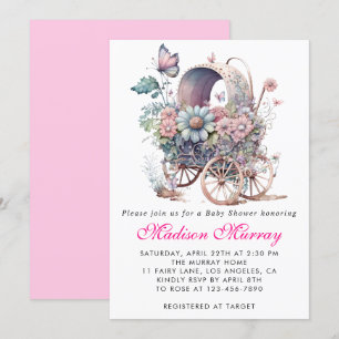 Invitación Femenino Rubor Rosa Floral Carrito Cochecito de Be