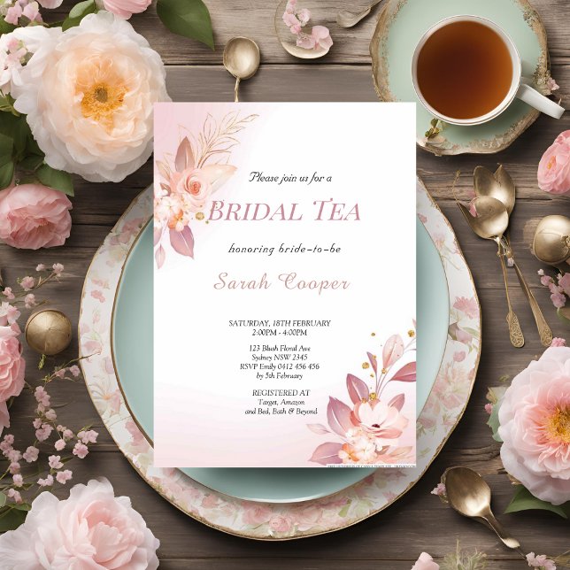 Invitación Feminación Rubor Gold Floral Bridal Shower Tea Fie (Subido por el creador)