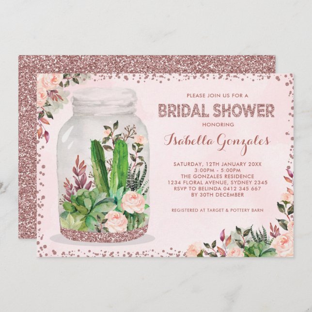 Invitación Feminada Fiesta Ducha Bridal Terarium Floral (Anverso / Reverso)
