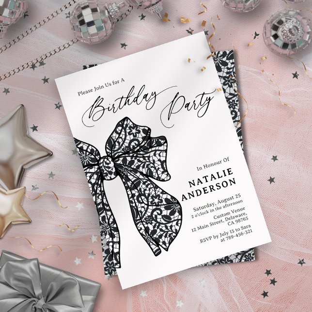 Invitación Feminine Black Floral Lace Bow Birday Party (Feminine Black Floral Lace Bow Birthday Party Invitation)