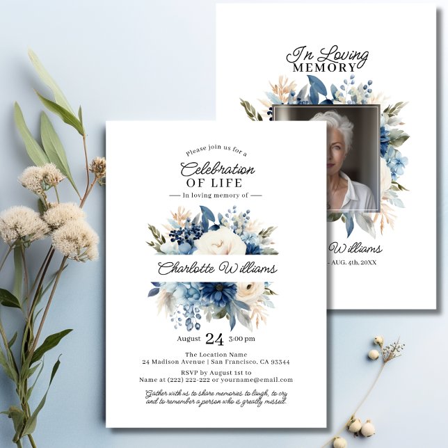 Invitación Feminine Blue Flowers Celebración de la Vida | FOT (Feminine Blue Flowers Celebration of Life  PHOTO Invitation)