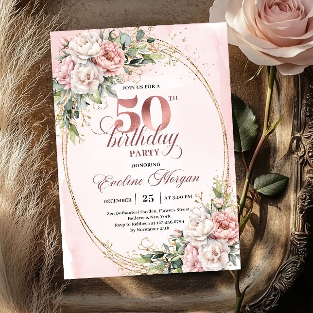 Invitación Feminine Blush Floral 50th Birthday Celebration  (Feminine Blush Floral 50th Birthday Celebration Invite)