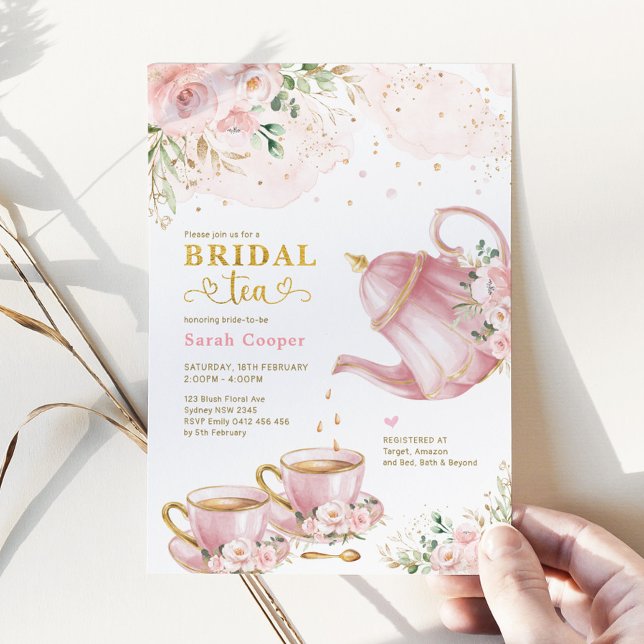 Invitación Feminine Blush Gold Floral Bridal Shower Tea Party (Subido por el creador)