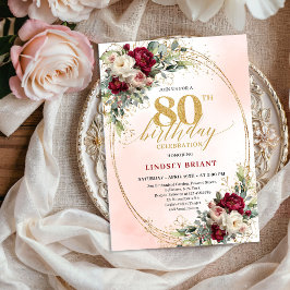 Invitación Feminine Boho Floral Burgundy 80th Birthday Invite
