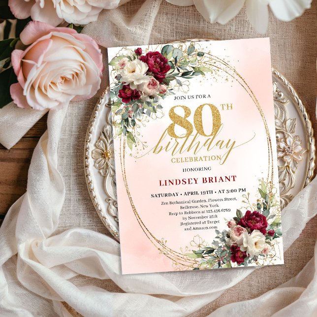 Invitación Feminine Boho Floral Burgundy 80th Birthday Invite (Feminine Boho Floral Burgundy 80th Birthday Invite)