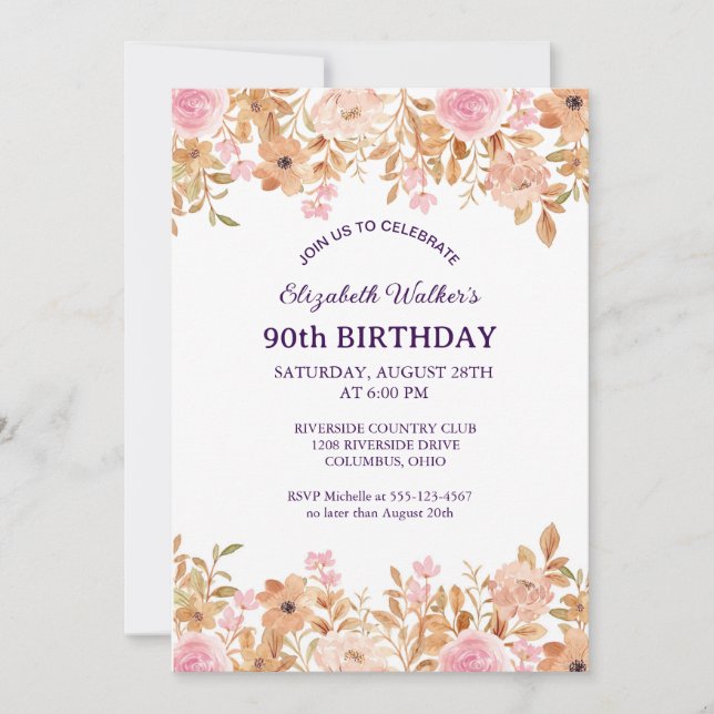 Invitación Feminine Boho Rosas Floral 90 cumpleaños (Anverso)