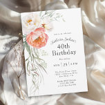 Invitación Feminine Coral Peach Floral 40 cumpleaños<br><div class="desc">Celebrar un 40 cumpleaños en estilo femenino con esta elegante invitación floral acuática con melocotón de coral y peonías de marfil con vegetación. Personalice la plantilla de texto con los detalles del evento. Esta invitación está disponible en formatos digitales impresos y de descarga instantánea para su comodidad.</div>