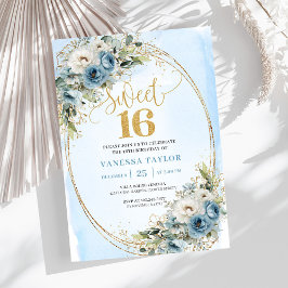 Invitación Feminine Dusty Blue Floral Sweet Sixteen Invite
