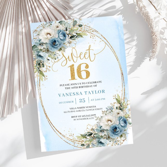 Invitación Feminine Dusty Blue Floral Sweet Sixteen Invite (Feminine Dusty Blue Floral Sweet Sixteen Invitation)