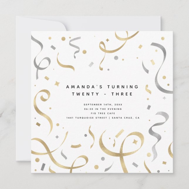 Invitación Feminine Faux Gold & Silver Modern Adultos Cumplea (Anverso)