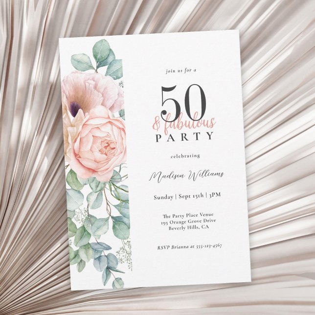 Invitación Feminine Floral 50 y Fabulosa Fiesta de Cumpleaños (Available as printed and paperless digital download!)