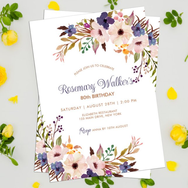 Invitación Feminine Floral Adulto Femenino Boho (Floral Adult Birthday Invitation Template 80th Birthday Boho Style)