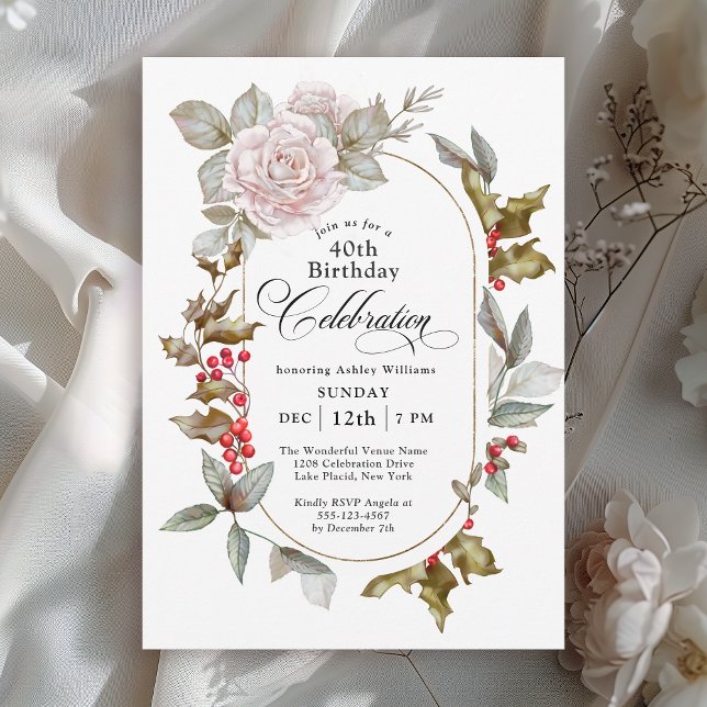 Invitación Feminine Floral Femenina Celebración del 40 de Dic (Available in both printed and paperless instant download formats.)