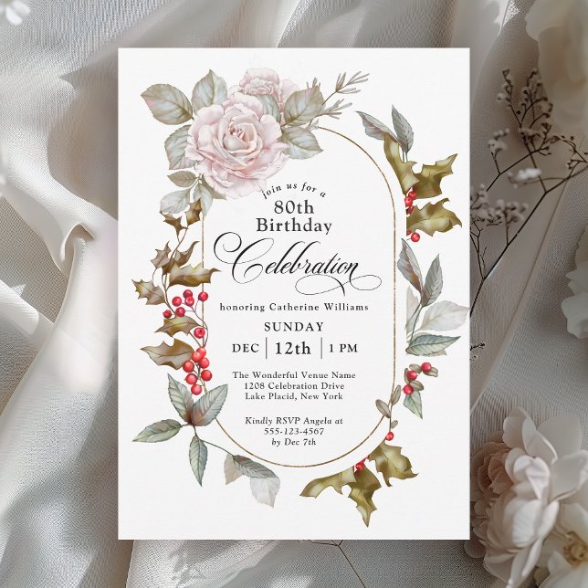 Invitación Feminine Floral Femenina Celebración del 80 de Dic (Available in printed and instant download formats.)