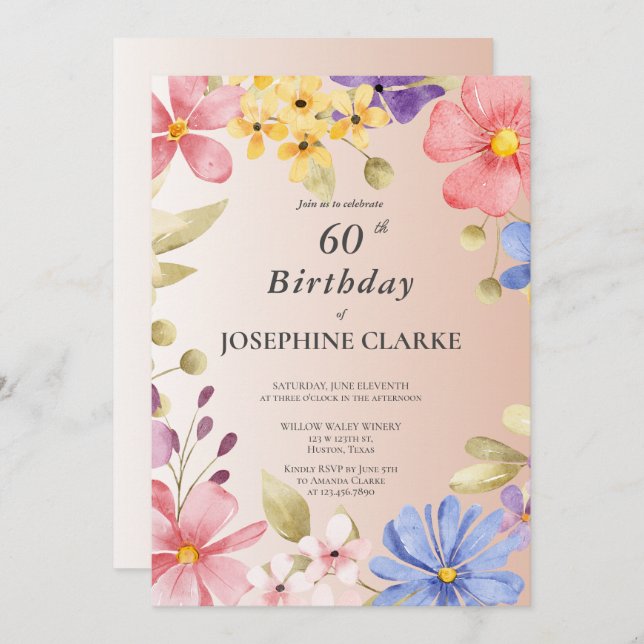 Invitación Feminine Floral Wreath Fiesta de cumpleaños número (Anverso / Reverso)