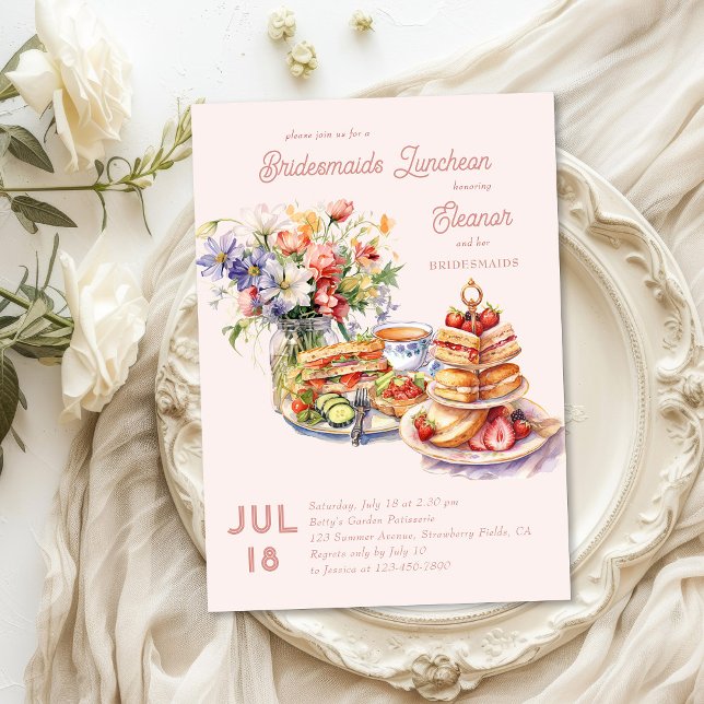 Invitación Feminine Lunch Tea Flowers Bridesmaids Luncheon (Bridesmaids Luncheon Invitation or Afternoon Tea with the Bride )