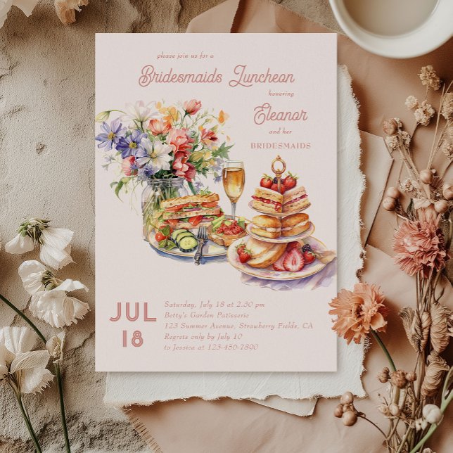 Invitación Feminine Lunch Wine Flowers Bridesmaids Luncheon (Bridesmaids Luncheon invitation - feminine design with lunch, wine and flowers)