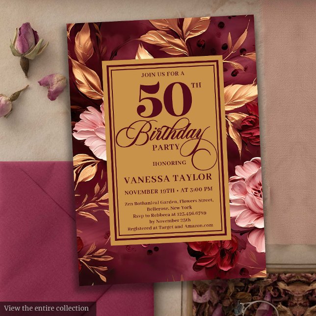 Invitación Feminine marsala floral de oro rubio 50 cumpleaños (Feminine marsala blush gold floral 50th birthday invite

)