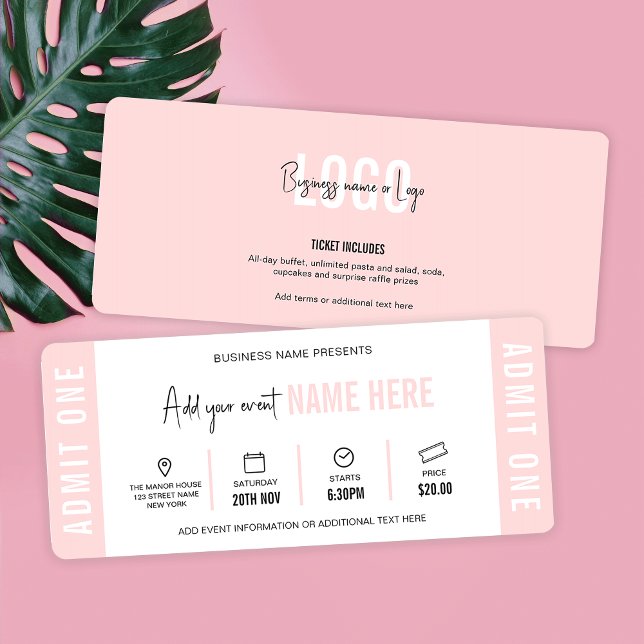 Invitación Feminine Modern Event Ticket Company Gift Voucher (Feminine event ticket design in blush pink and white with fully editable text and colors)