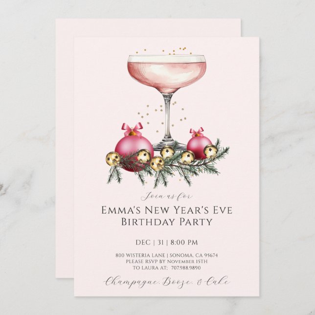 Invitación Feminine Pink Champagne New Years Eve Birthday  (Anverso / Reverso)