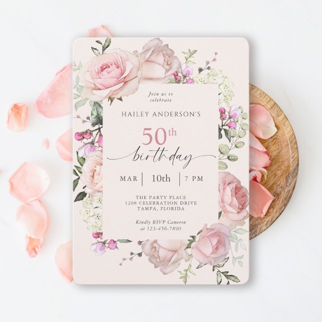 Invitación Feminine Pink Floral 50 cumpleaños (Available in both printed and paperless instant download formats.)