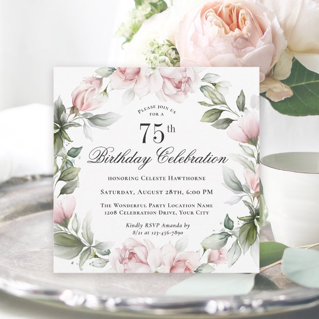 Invitación Feminine Pink Roses 75th Birthday Party (Subido por el creador)
